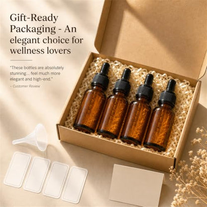 PrettyCare 4 Pack 1 oz Amber Glass Dropper Bottle with Black Cap, 30ml Tincture Bottles with Graduated Droppers - Small Eye Dropper Bottles for Essential Oils, Beauty & Travel - color: 1oz Amber with Black Cap, style: 4 Pack
