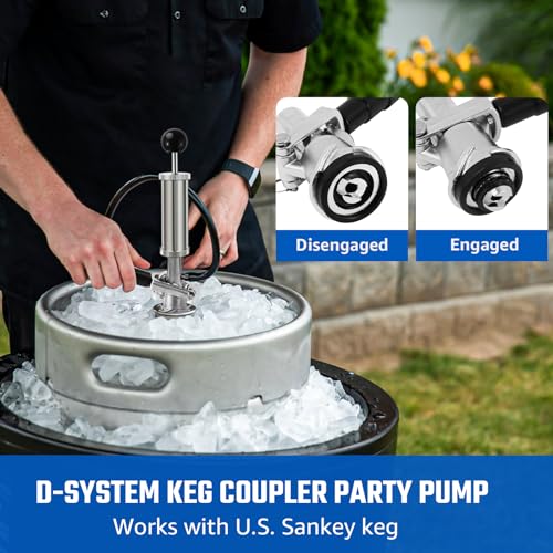 4” Keg Party Pump Keg Tap, D System Beer Keg Pump for US Sankey, Kegerator Tap Stainless Steel Probe Coupler Beer Tap with Beer Line Faucet Hose Clamps for Homebrew Picnic Parties (Silver Clamps)