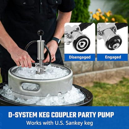 4” Keg Party Pump Keg Tap, D System Beer Keg Pump for US Sankey, Kegerator Tap Stainless Steel Probe Coupler Beer Tap with Beer Line Faucet Hose Clamps for Homebrew Picnic Parties (Silver Clamps)