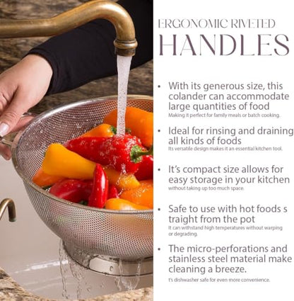 Bellemain Colander for Kitchen – 5 Qt Stainless Steel Strainer with Handle - Pasta Strainer Bowl for Pasta, Spaghetti, Vegetables, Fruit, and Pot Draining - Stainless Steel Colander - size: 5 Quart