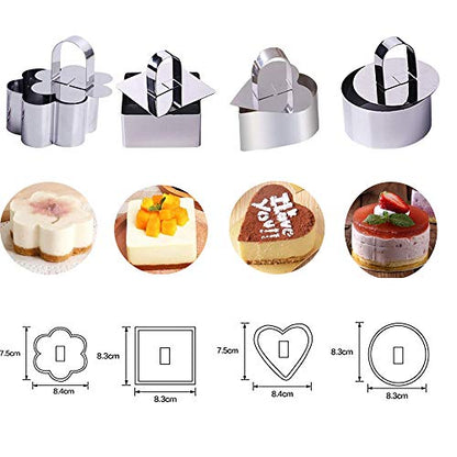 Stainless Steel 3D Cake Molds with Pusher Lifter Cooking Rings Set of 4,Baking Dish Bakeware Tools Cupcake Mold Mousse Ring Cheese Tools Salad Cake Dessert Mould(4 Different Shapes) - color: 4 Different Shapes