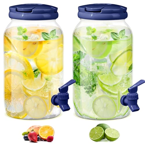 Havawish 2 Pcs 1 Gallon Plastic Beverage Dispenser with Spigot Clear Summer Kitchen Fridge Drink Dispenser for Parties Lemonade Juice Tea Beer Cold Water(Blue,Cylinder) - color: Blue, style: Cylinder