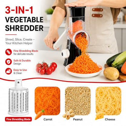 Rotary Cheese Grater with Hand Crank - Cheese Shredder with 3 Interchangeable Stainless Steel Blades, Suction Base & Ergonomic Handle | Vegetable Slicer, Food Grater for Cheese, Nuts & Chocolate