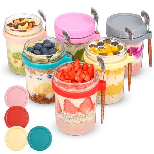 Xileanalee 6 Pack Overnight Oats Containers with Lids and Spoons-18 Oz Overnight Oats Jars Mason Jars for Chia Pudding Cereal Fruit Vegetable Milk Salad Yogurt Meal Prep - size: 6 Pcs