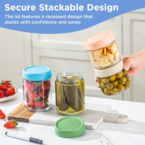 DRKIO 10 & 16 Oz Overnight Oats Containers with Lids - 6 Pack Glass Storage Jars with Airtight Lids Wide Mouth Mason Food Jars Great for Meal Prep Salad Chia Puddirg Snacks Yogurt Sugar Spice Cereal - color: 10&16 Oz - 6 Colors