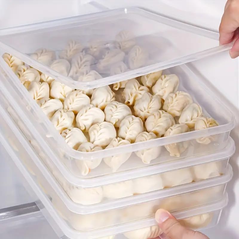 4pcs Dumpling Box Containers for FridgeLarge Plastic Container Flat Storage Bins StackableFood Storage Containers Refrigerator Box DumplingCase Kitchen Supply Tray Fruits, Vegetables, Meat and More