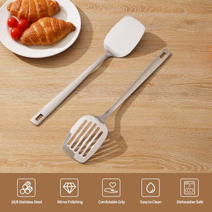 Professional Stainless Steel Cooking Utensils Set, 2 Pcs Metal Spatula Wok Turner, Wok Spatula Kitchen Cooking Tools for Sauteing, Flipping, Grilling (Dishwasher Safe) - size: 18/8 Stainless Spatula Set of 2