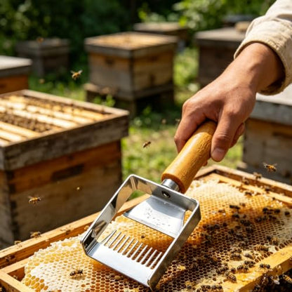 Pssopp Honey Uncapping Fork, 7.09Inch 2 in 1 Honey Uncapping Scraper Stainless Steel Beekeeping Tool for Bee Hives Honeycombs Harvesting (Multi Functional)