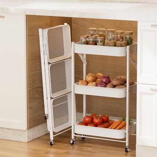 JAQ No Assembly Required Rolling Cart, 3-Tier Foldable Utility Cart for Under Desk, 26.8" Height Metal Storage Cart with Wheels, 10" Narrow Small Space Organizer for Office, Kitchen, White - color: White