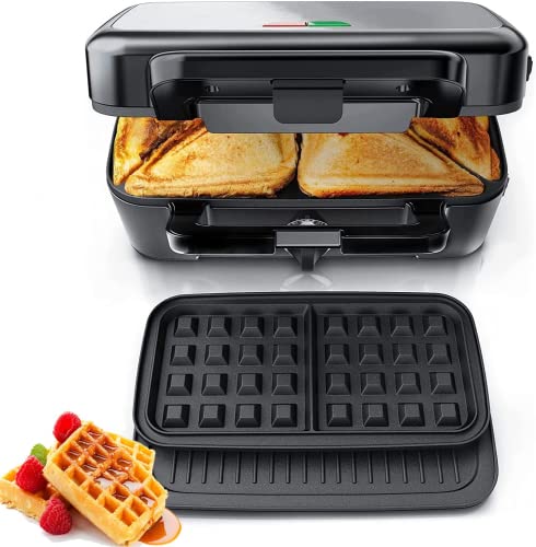 FOHERE 3-in-1 Sandwich Maker, 1200W Waffle Maker & Panini Press Grill, 3 Removable Non-stick Plates, 5-Gear Temp Control, Grilled Cheese Maker, Quick Breakfast, LED Indicators, Stainless Steel/Black - color: Silver