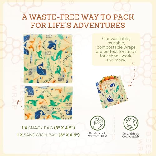 Bee's Wrap Beeswax Wraps for Food - 2 Pack of Assorted Beeswax Wraps - Snack Bag & Sandwich Wrap - Plastic Free Made in USA Reusable Natural Food Wrap - Under The Sea - style: Under The Sea