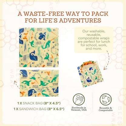 Bee's Wrap Beeswax Wraps for Food - 2 Pack of Assorted Beeswax Wraps - Snack Bag & Sandwich Wrap - Plastic Free Made in USA Reusable Natural Food Wrap - Under The Sea - style: Under The Sea
