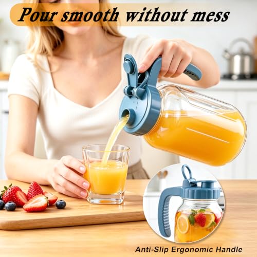 Mason Jar Pitcher 64 Oz With Pour Spout Lid Wide Mouth Glass Water Pitcher | Airtight & Leakproof Water Jug With Ergonomic Handle And Flip Cap Lid For Iced Tea Cold Brew Coffee Juice Lemonade Beverages - color: 64 OZ
