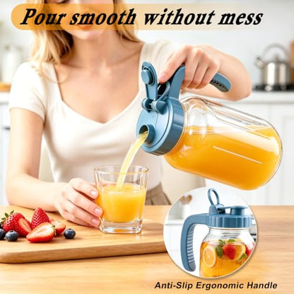 Glass Pitcher With Pour Spout Lid 64 Oz Mason Jar Pitcher Wide Mouth 2 Pack | Airtight & Leakproof Water Pitcher With Ergonomic Handle And Flip Cap Lid Food Grade Cold Brew Pitcher For Various Beverages - color: 64 OZ 2PC