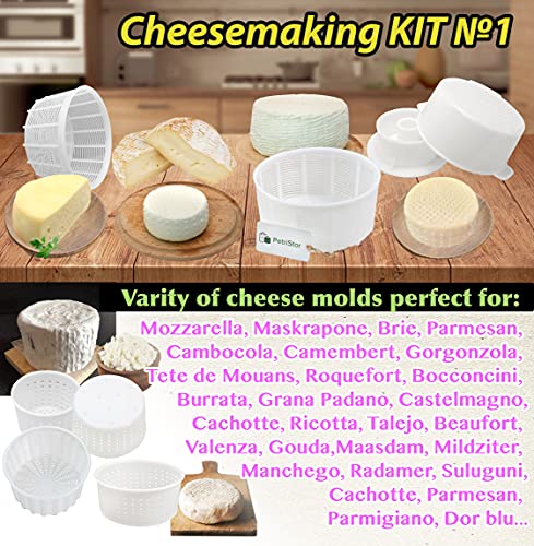 PetriStor 7pcs Cheese Making Kit Beginners №1 - Soft Cheese Molds + Cheese Mold with a Follower Piston - Cheese Making Supplies - Cream Cheese Form Mold Basket