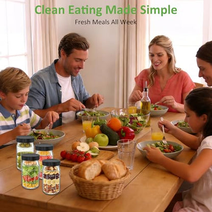 4Pack Glass Salad Jars with Lids, 32oz Salads Mason Jars with Wet/Dry Separation Cup, Meal Prep Salad Containers for Lunch, Leakproof Wide Mouth Food Storage Containers, BPA-Free Reusable (Black) - color: Black