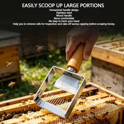 Pssopp Honey Uncapping Fork, 7.09Inch 2 in 1 Honey Uncapping Scraper Stainless Steel Beekeeping Tool for Bee Hives Honeycombs Harvesting (Multi Functional)