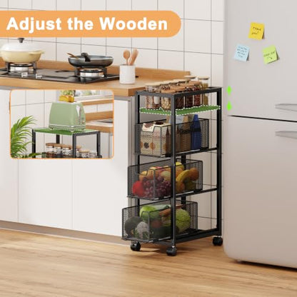 4 Tier Kitchen Rolling Cart, Kitchen Storage Cart with Wheels, Adjust Pantry Organizer and Storage Cart with Drawer, Fruit Vegetable Spice Storage Cart, Wooden Top Metal Kitchen Organizer Rack Stand - size: Small 4 Tier Black