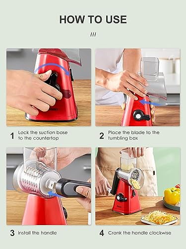 Rotary Cheese Grater with Handle, Reemix Vegetable Cheese Shredder Slicer Grater for Kitchen 3 Changeable Blades for Cheese Potato Zucchini Nuts Chocolate (Red) - color: Red