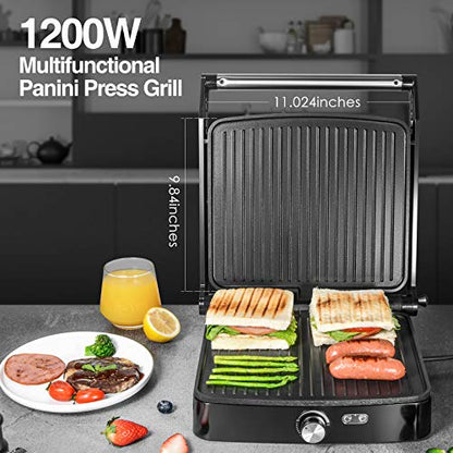 OSTBA Panini Press Grill with Adjustable Temperature, 4-Slice Indoor Grill, 180° Open Sandwich Maker with Drip Tray, Non-Stick Plates, Stainless Steel, 1200W - style: ABC19