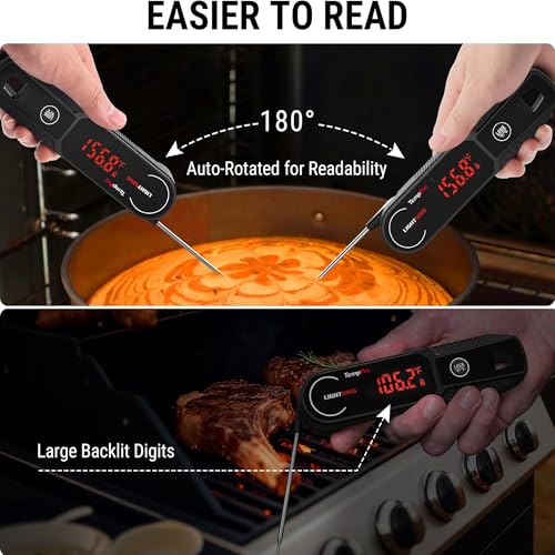 TempPro Lightning 1 Sec Instant Read Meat Thermometer, Kitchen Food Thermometer with 180° Rotating Display, IP67 Waterproof Cooking Thermometers for Deep Fry Smoker Grill BBQ(Previously ThermoPro) - color: Black