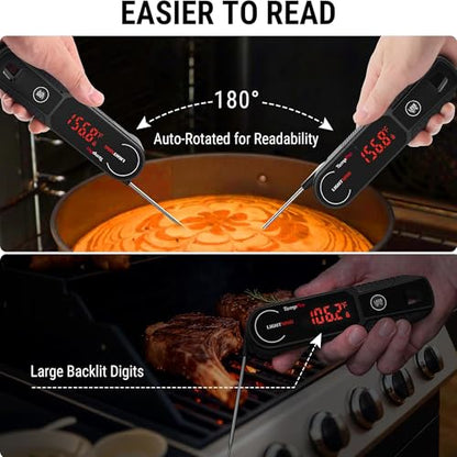 TempPro Lightning 1 Sec Instant Read Meat Thermometer, Kitchen Food Thermometer with 180° Rotating Display, IP67 Waterproof Cooking Thermometers for Deep Fry Smoker Grill BBQ(Previously ThermoPro) - color: Black