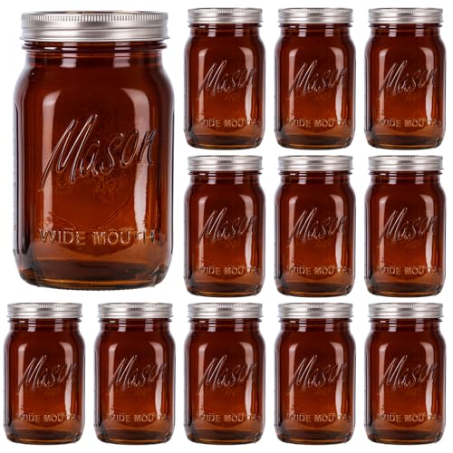 Rubtlamp Amber Mason jar 32 oz, 12 Pack Glass Jars - Wide Mouth Mason Jars with Airtight Lids for Pickling, Fermenting, Food Storage&DIY Crafts, Microwave & Dishwasher Safe - color: Amber