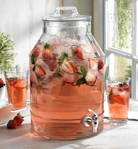 3 Gallon Glass Drink Dispensers For Parties,Classic Mason Jug Beverage Dispensers With Glass Lid With Handle And 100% Leakproof Spigot.Glass Water Jug Dispenser,Lemonade Dispenser - color: Clear-3-Gallon