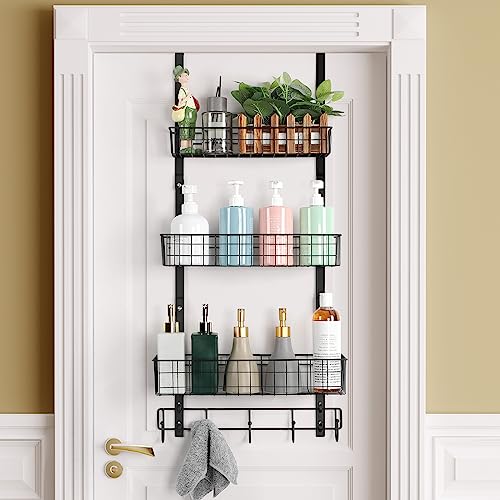 ETELI Over the Door Pantry Organizer 3 Tier Hanging Basket Back Door Storage Rack Shelf Metal Over the Door Shelves with 3 Baskets and 5 Hooks for Bathroom Kitchen Pantry Bedroom, Black - color: Black