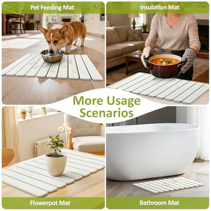 Large Stone Dish Drying Mat for Kitchen Counter, 24"(L)×16"(W), Collapsible Quick Dry Stone Dish Mats, Super Absorbent Diatomaceous Earth Drying Pad for Dishes Bottles Cups, Any Countertop (White) - color: White