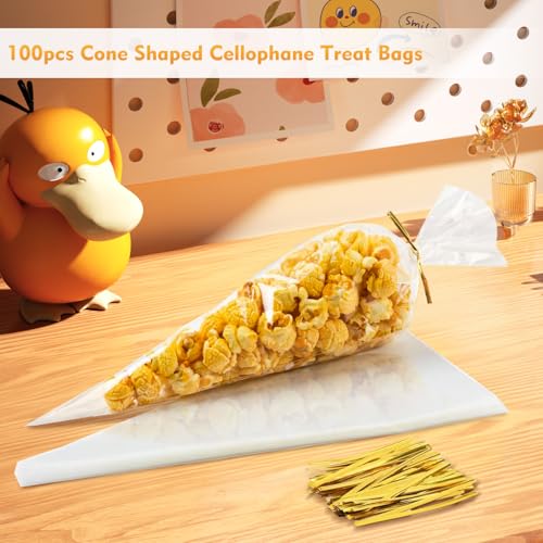 CdbC Cone Shaped Cellophane Treat Bags, 100 Pcs 7x15 inches, Clear, Disposable, Formed/Sealed, Plastic, Twist Tie, Perfect for Party Treats, Candy, Popcorn, Snack Wraps