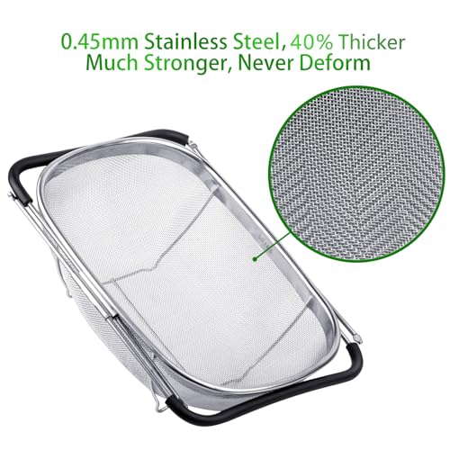 Tiawudi 6-Quart Large Over The Sink Colander, Heavy Duty 40% Thicker 18/8 Stainless Steel Fine Mesh Strainer Basket with Expandable Rubber Grip Handles - Strain, Drain, Rinse Fruits, Vegetables