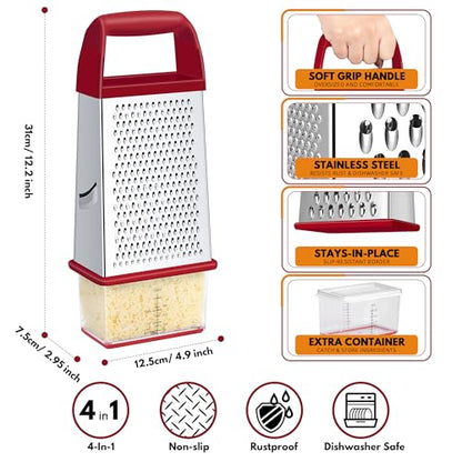 Urbanstrive Cheese Grater With Container, Professional Cheese Grater with Handle, Stainless Steel Graters for Kitchen Handheld, Box Grater with 4 Sides for Vegetables, Ginger, Potatoes (Red) - color: Red