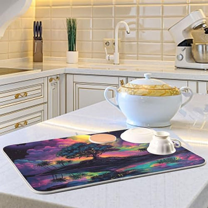 Palm Tree Colorful Dish Drying Mat for Kitchen Counter Super Absorbent Draining Mat with Non-slip Backed Dishwashing Mat for Dish Bottles Cups Bowl Draining Racks Countertops Sinks