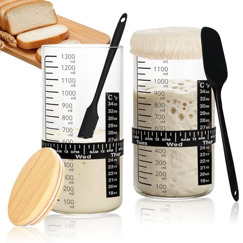 Extra Large Sourdough Starter Jar Kit, 48 Oz Wide Mouth Thickened Glass Container With Date Marked Band, Thermometer, Cloth Cover , Bamboo Lid And Scrape,Sourdough Bread Baking Supplies (2 Pcs)