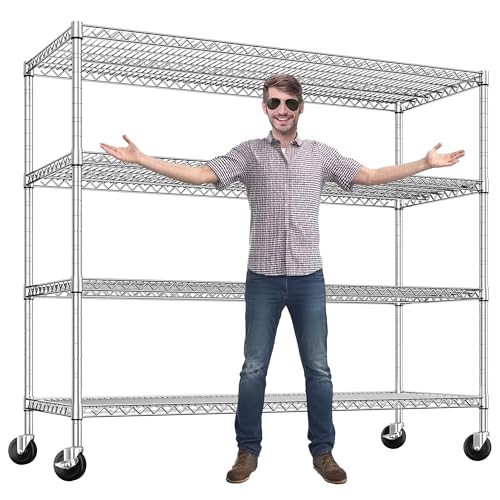 75.6" H Storage Shelves 2500LBS Garage Shelving Unit with Wheels Metal Shelving Heavy Duty Wire Shelves for Storage Rack Adjustable Pantry Shelf Commercial Shelving for Kitchen Garage,55.5''W X 24" D - color: Chrome
