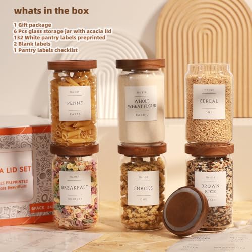 6 Pack Glass Canisters with Airtight Acacia Lids and 132 Kitchen Pantey Labels Preprint - 24 Fl Oz Borosilicate Glass Pantry Storage Jars Containers with Wooden Lids for Tea,Sugar,Cookie,Coffee,Candy - size: 24oz-6 Pack