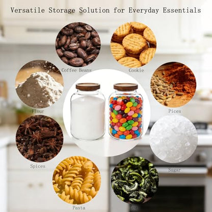 2-Pack Large Glass Flour and Sugar Storage Containers, 64 oz / 1900 ml Airtight Glass Jars with Wooden Lids, Clean & Elegant Canisters for Storing Rice, Pasta, Oats, Candy, Cookies and More - size: Small
