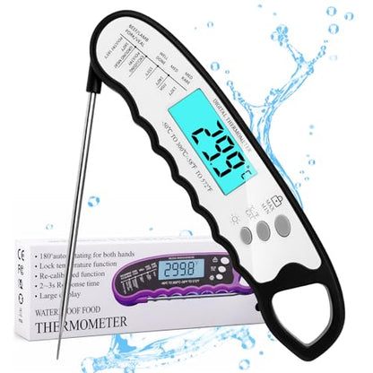 COOLMI Instant Read Meat Thermometer, 2-Second Waterproof for Cooking & BBQ | 180° Auto-Rotating Backlit Display, Magnetic Storage, Digital Meat Thermometer With Lock And Calibration For Grilling - color: Classic Model-Black