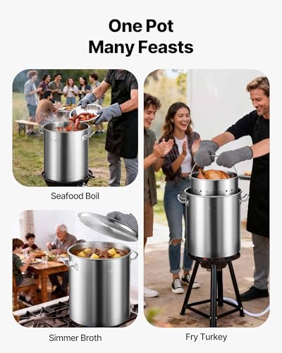 VEVOR Stainless Steel Stockpot, 42 Quart Large Cooking Pots, Cookware Sauce Pot with Strainer, Lid, and Handle, Heavy Duty Commercial Grade Stock Pot, Sanding Treatment, for Large Groups Events Silver - size: 42 Quarts
