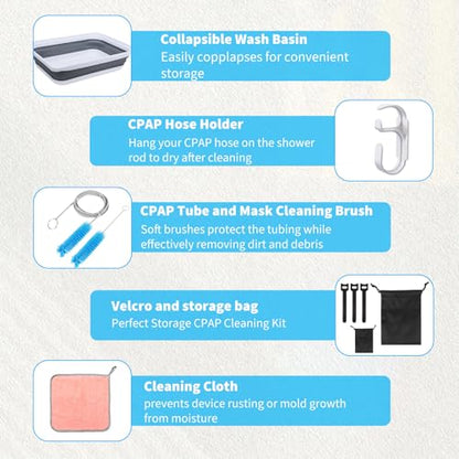 Upgraded CPAP Cleaning Kit, 7 ft Tube CPAP Cleaner Brushes for 15mm, 20mm and 22mm Hoses, CPAP Cleaning Supplies for Hose and Mask, Includes Collapsible Wash Basin, Hose Holder Hangers & Clips