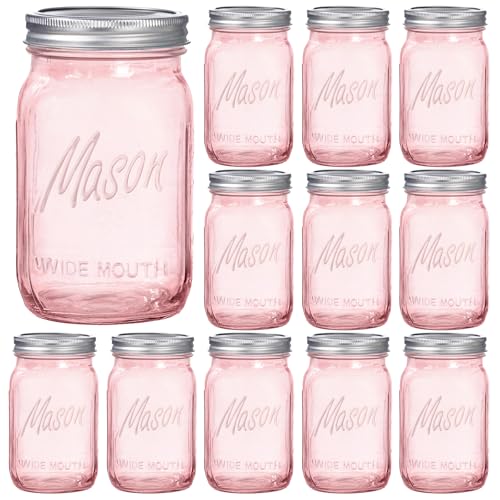 Rubtlamp Pink Mason jar 32 oz, 12 Pack Glass Jars - Wide Mouth Mason Jars with Airtight Lids for Pickling, Fermenting, Food Storage&DIY Crafts, Microwave & Dishwasher Safe - color: Pink