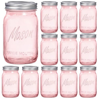 Rubtlamp Pink Mason jar 32 oz, 12 Pack Glass Jars - Wide Mouth Mason Jars with Airtight Lids for Pickling, Fermenting, Food Storage&DIY Crafts, Microwave & Dishwasher Safe - color: Pink