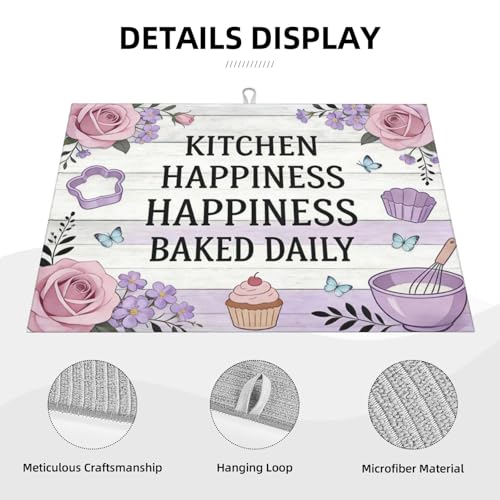 Kitchen Drying Mat for Countertop Kitchen Happiness Baking Quote Design Non-Slip Kitchen Counter Mat for Dishes Glassware - color: White Purple