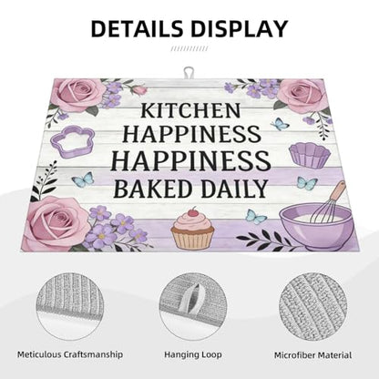 Kitchen Drying Mat for Countertop Kitchen Happiness Baking Quote Design Non-Slip Kitchen Counter Mat for Dishes Glassware - color: White Purple