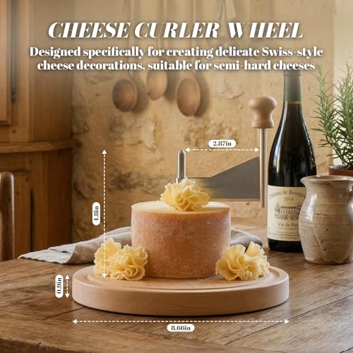 Cheese Curler, Wood Cheese Curler Wheel and Shaver Tool for Tête de Moine & Semi-Hard Cheeses, Sharp Stainless Steel Girolet Cheese Cutter for Cheese Boards, Desserts & Parties