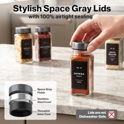 EDELHAUS Glass Spice Jars with Label, 24x Space Gray Stainless Steel Lids | Airtight lids keep spices fresh; use as a spice organizer, seasoning containers or 4 oz jar set; funnel, brush & 240 labels - color: Space Gray Stainless Steel Lid