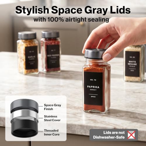 EDELHAUS Glass Spice Jars with Label, 24x Space Gray Stainless Steel Lids | Airtight Lids keep spices fresh, Kitchen Spice Drawer Organizer, 4oz Seasoning Containers incl. Funnel, Brush & 240 Labels - color: Space Gray Stainless Steel Lid