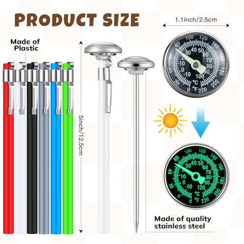 Xuhal 6 Pcs Stainless Steel Kitchen Glow Thermometer with 5 Inch Long Stem 1 Inch Dial Thermometer Milk Frothing Food for Oven Probe Meat Grill Cooking BBQ Chocolate Water (Colorful) - color: Colorful