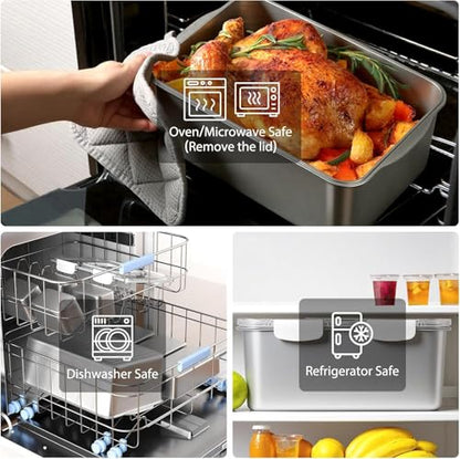 Extra Large 304 Stainless Steel Food Storage with 6 Divided Compartments & Individual Lids–240oz Meal Prep Container for Roasting Turkey, Bread, Fruits–Oven Safe, BPA Free, Dishwasher Safe - size: 7000ml + 6 Small Containers Set